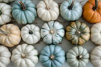 Colorful decorative pumpkins in pastel blue, white, and orange arranged in rows on neutral background for autumn decor and seasonal design.