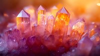 Glowing orange crystal formation with pink quartz points rising against blurred background, natural mineral structure in macro photography.