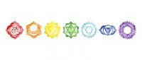 Colorful chakra symbols arranged in sequence from root to crown, isolated on white background for wellness, meditation, and spiritual design projects.