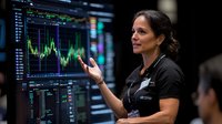 Latina female financial trader analyzing stock market data on multiple screens, gesturing while explaining trading strategy in corporate environment.