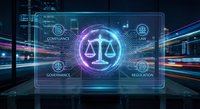 Digital compliance and governance concept with glowing scales of justice icon surrounded by regulatory framework elements on futuristic interface.