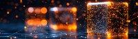 Glowing glass cube with magical sparkles and bokeh lights on reflective surface against dark background creates mystical atmosphere and festive mood.