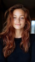 Young Caucasian woman with long wavy auburn hair and natural makeup wearing black sweater smiling at camera in soft indoor lighting for beauty and lifestyle.