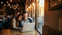 Young couple working together on laptop in cozy cafe with warm lighting and string lights creating romantic atmosphere for remote work or study.