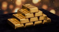 Golden bullion bars stacked in pyramid formation against warm bokeh background representing wealth, investment and financial security concepts.