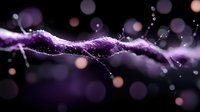 Mystical purple wave with glowing particles and bokeh effects on dark background, abstract energy flow visualization with light sparkles and motion blur.