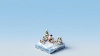 Miniature winter landscape with snow-covered evergreen trees and decorative elements on frosted blue platform, suitable for holiday greeting cards and seasonal marketing materials.