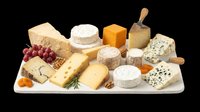 Assorted cheese selection including cheddar, brie, blue cheese, and aged varieties with wooden serving utensils on transparent background. Ready for culinary design, food packaging, restaurant menus, print-on-demand products, and digital food illustrations.