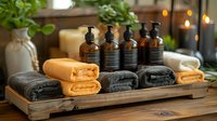 Luxury spa and wellness composition with amber glass bottles, folded towels in grey and orange on wooden tray, aromatic candles and green plants for beauty salon or massage studio interior.