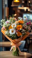 Fresh bouquet with orange gerbera daisies, white chamomile flowers and baby's breath wrapped in peach paper on wooden table in cafe with soft bokeh lights.