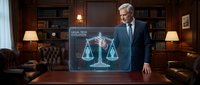 Senior Caucasian male lawyer in dark suit presenting holographic legal scales interface in elegant law office library with leather furniture and warm lighting.