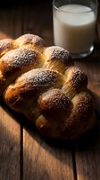 Fresh braided challah bread with sesame seeds and glass of milk on rustic wooden table for traditional Jewish Sabbath breakfast or bakery display.