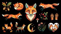 Cute fox clipart set isolated on transparent background, featuring fox portraits, running foxes, autumn elements, paw prints, and floral designs for stickers, t-shirts, print on demand.