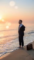 Professional businessman standing barefoot on beach at sunset with briefcase, contemplating ocean waves and golden sky for business travel concepts.