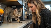 Young Caucasian woman with long blonde hair wearing black sweater smiling while looking at gray tabby cat walking on kitchen counter in modern home interior.