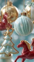 Elegant Christmas ornaments in mint and gold with decorative tree, rocking horse, and baubles hanging against soft bokeh background.