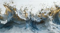 Abstract fluid art in navy blue and gold tones creates dynamic waves and swirls against white background, showcasing luxury marble effect for modern interior design.