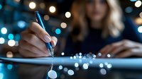 Young woman writing with pen on paper in evening with magical bokeh lights creating dreamy atmosphere, focus on hand holding pen, soft blur background.