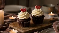 Two chocolate cupcakes with cream frosting and red heart toppers on wooden board surrounded by romantic candles for Valentine's Day celebration.