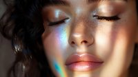 Closeup of young woman with closed eyes and glowing prism light reflections on face, showcasing makeup and skincare products for beauty and cosmetics advertising.