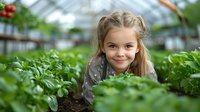 Young Caucasian girl with braided hair smiling among fresh basil plants in greenhouse setting, representing sustainable agriculture and organic farming education.