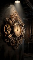 Steampunk mechanical clock with bronze gears and cogs mounted on industrial brick wall under dramatic spotlight in vintage factory setting.