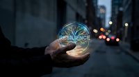 Business professional holding glowing resilience symbol in urban setting representing strength, adaptability and overcoming challenges in corporate environment.