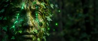 Mystical forest guardian statue covered in ivy and moss with glowing green lights creating magical atmosphere for fantasy and nature themes.