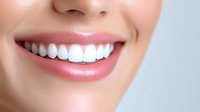 Close up of healthy white teeth and natural pink lips showing radiant smile against light skin tone background, dental care and oral hygiene concept.