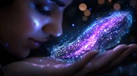 Young woman with glowing magical galaxy particles floating above hands in dark setting, creating ethereal cosmic atmosphere with purple and blue light effects.