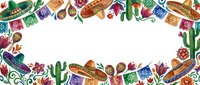 Watercolor Mexican fiesta border frame with sombreros, cacti, maracas, and colorful papel picado on white background for festive design.