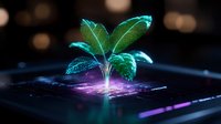 Young green plant sprout growing from digital tablet screen with glowing purple light and water drops on leaves against dark background with bokeh effect.