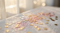 Golden and pink confetti stars scattered on white surface with soft bokeh lights creating festive celebration atmosphere for party decorations.