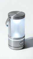 Portable LED lantern with brushed stainless steel construction, frosted glass cylinder, and power button for camping, emergency lighting, and outdoor activities.
