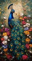 Majestic peacock among colorful roses and flowers, textured oil painting style artwork with rich impasto technique showing detailed feathers and floral arrangement.