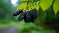Fresh black karanda fruit cluster hanging from branch with water drops and green foliage background, exotic tropical berries in natural setting.