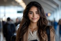 Young Hispanic woman with long brown wavy hair and natural makeup smiling warmly at camera in blurred airport terminal setting, wearing casual business attire.