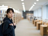 Young Asian male student in dark hoodie standing in modern library with wooden study tables and blurred bookshelves, looking over shoulder in educational environment.