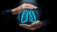 Hands protecting glowing blue lungs on dark background, representing respiratory health, medical care, and pulmonary protection for healthcare and wellness concepts.