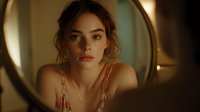 Young Caucasian woman with natural makeup and messy updo hairstyle looking at mirror reflection in warm golden light. Romantic atmospheric portrait in vintage style.