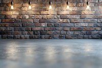 Rustic brick wall with string lights casting warm glow above empty concrete floor, creating moody atmospheric backdrop for product display or portrait photography.