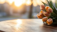 Orange tulips on wooden table against blurred sunset background create romantic spring atmosphere with soft natural lighting and bokeh effect.