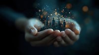 Magical glowing particles and sparkles floating above cupped hands against dark background, creating mystical atmosphere for fantasy and spiritual concepts.