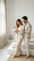 Happy young couple in matching beige pajamas looking at smartphone together in bright minimalist bedroom with natural morning light and neutral decor.