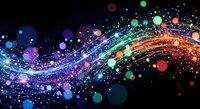 Abstract colorful light trails with glowing particles and bokeh effects on dark background for digital art, technology concepts and modern designs.