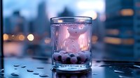 Glass of water with condensation and blueberries against blurred city skyline at dusk, creating atmospheric mood for beverage photography.