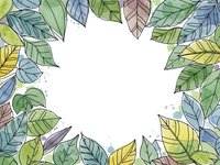 Watercolor autumn leaves frame with white center space for text or design elements. Colorful foliage border in green, yellow, blue tones on transparent background.