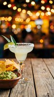 Margarita cocktail with salt rim and lime garnish on wooden bar counter with blurred festive lights and appetizers in background for hospitality and beverage concepts.