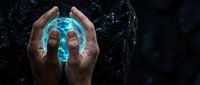 Male hands holding glowing blue orb of light against dark textured background, representing energy, magic, technology, innovation, and spiritual power for design projects.