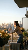 Young Asian woman enjoying morning coffee on modern apartment balcony with city skyline view during golden hour sunrise for lifestyle content.